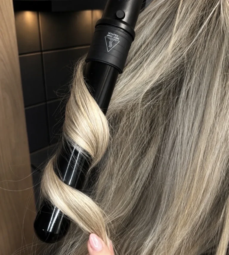 Een krultang legt een slag in blond haar