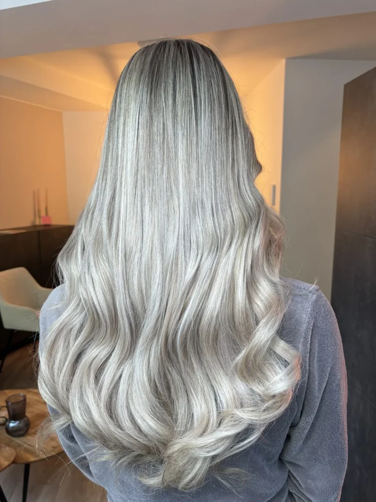 Zilverblond resultaat na de kleurbehandeling, lang haar