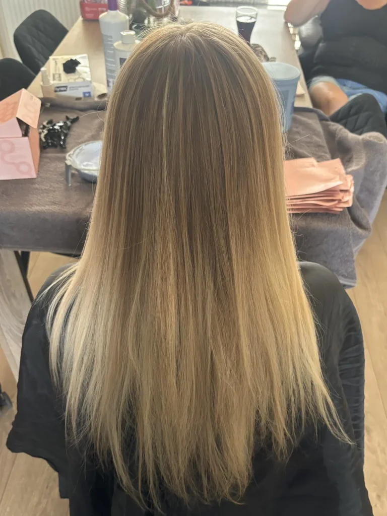 Bruine aanzet met blonde punten voor de kleurbehandeling