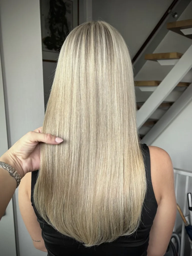 Koel helder blond resultaat na de kleurbehandeling